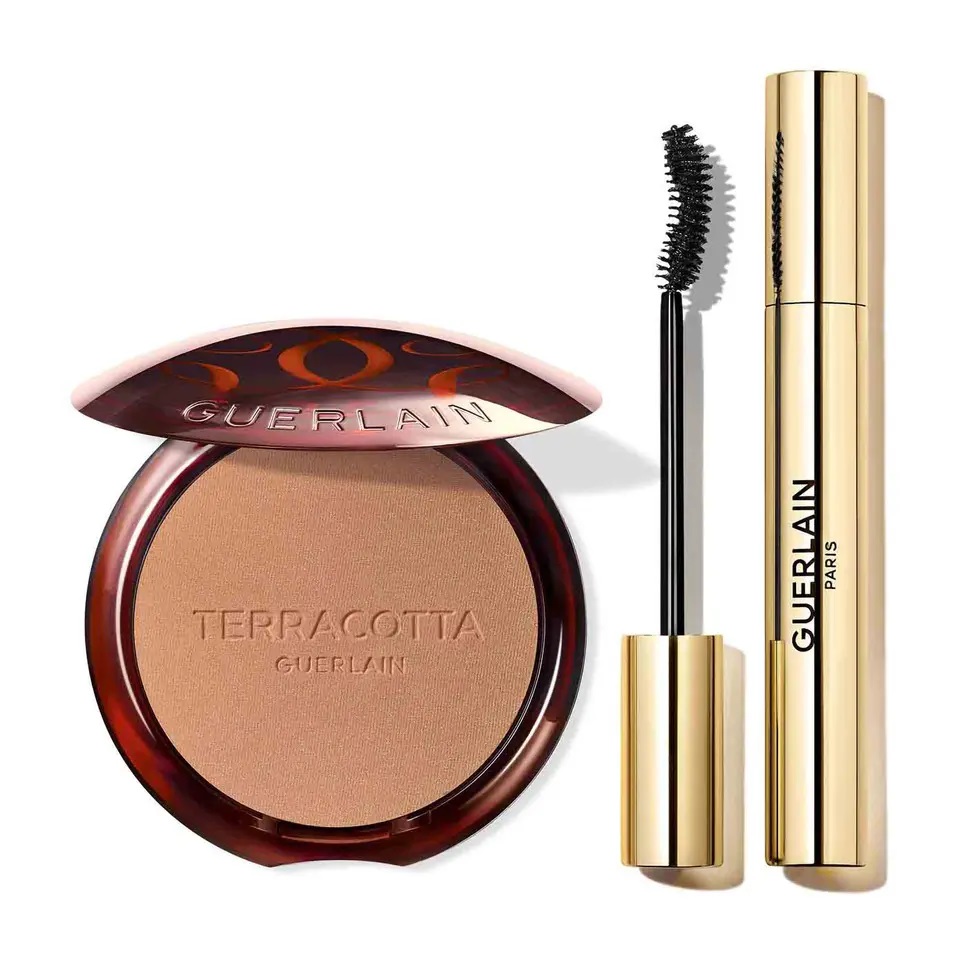 Guerlain Set Terracotta e Noir G con Terracotta Poudre Moyen Doré 03, Mascara Noir G Courbe e Intense Volume 24H e Pouch