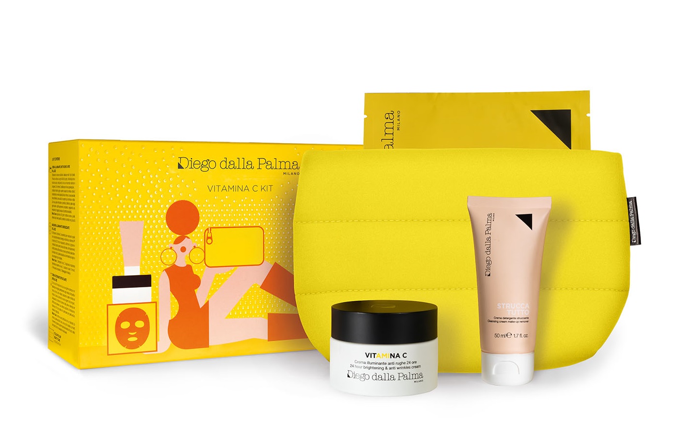 Diego dalla Palma Kit Vitamina C con Maschera Illuminante 15ml, Crema Illuminante 50ml, Struccante 50ml e Pochette