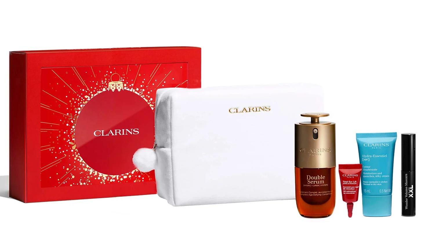 Clarins Cofanetto Rituale Double Serum 9 30ml con Hydra-Essentiel 15ml, Total Eye Lift, Mascara XXL e Pochette