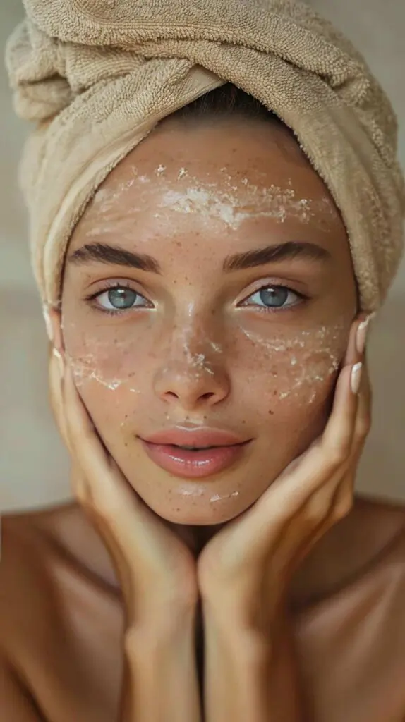 Donna con asciugamano che applica uno scrub viso durante la skincare